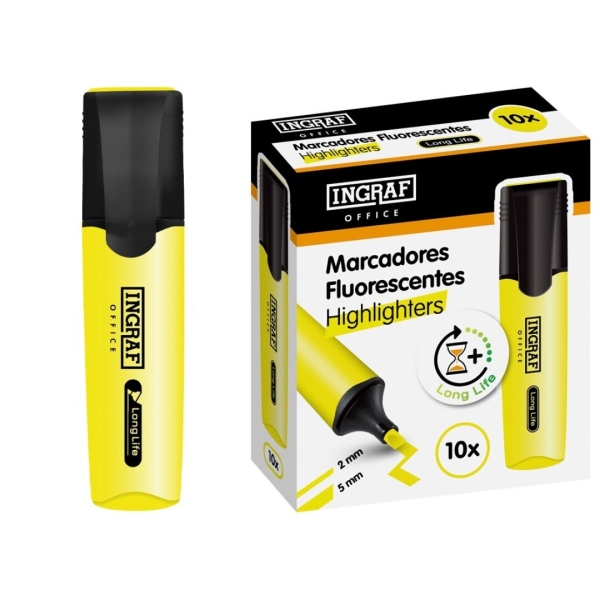 Ingraf Long-Life Marcador Fluorescente - Punta Biselada - Trazo 2-5mm - Tinta Base de Agua - Color Amarillo Ingraf Long-Life Marcador Fluorescente - Punta Biselada - Trazo 2-5mm - Tinta Base de Agua - Color Amarillo