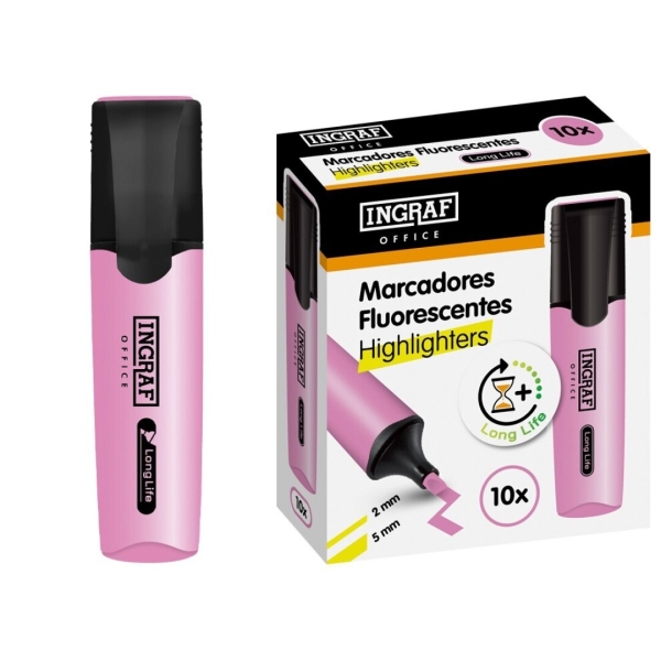 Ingraf Long-Life Marcador Fluorescente - Punta Biselada - Trazo 2-5mm - Tinta Base de Agua - Color Rosa Ingraf Long-Life Marcador Fluorescente - Punta Biselada - Trazo 2-5mm - Tinta Base de Agua - Color Rosa
