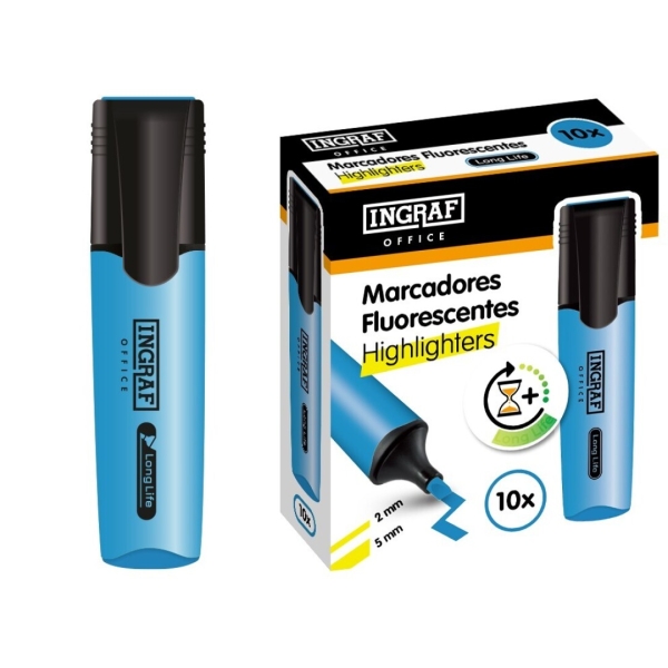Ingraf Long-Life Marcador Fluorescente - Punta Biselada - Trazo 2-5mm - Tinta Base de Agua - Color Azul Ingraf Long-Life Marcador Fluorescente - Punta Biselada - Trazo 2-5mm - Tinta Base de Agua - Color Azul