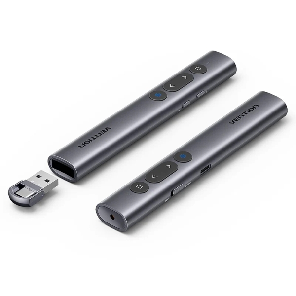Vention Presentador Inalambrico - Puntero Laser Verde - Bluetooth - Bateria 200mAh - Transmision 4GHz - Alcance hasta 50m - Recargable - Monitoreo de Bateria - Multifuncion - Color Gris