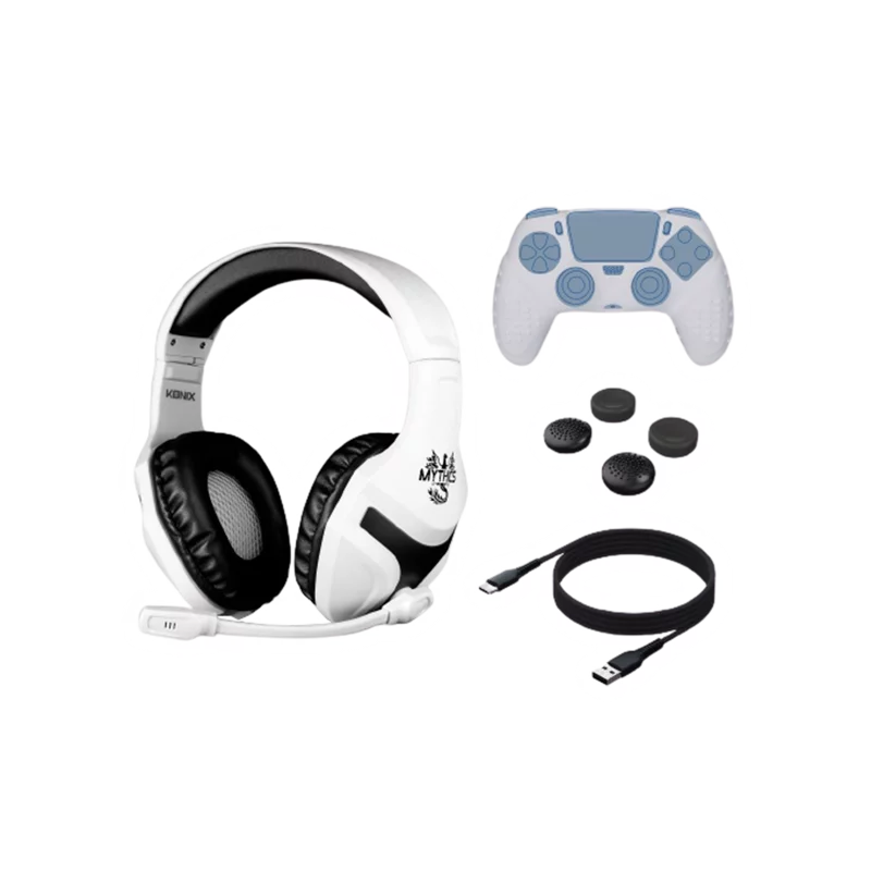 Konix Mythics Starter Pack Auriculares para Juegos PS-400 + Cubierta de Silicona para Mando PS5 + Cable de Carga + Tapas de Joystick de Silicona