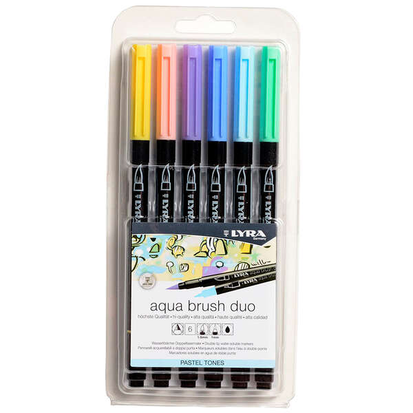 Lyra Aqua Brush Duo Pastel Tones Pack 6 Rotuladores de Doble Punta - Punta Pincel 4mm, Punta Fina 2mm - Tinta Base de Agua - Colores Tonos Pastel