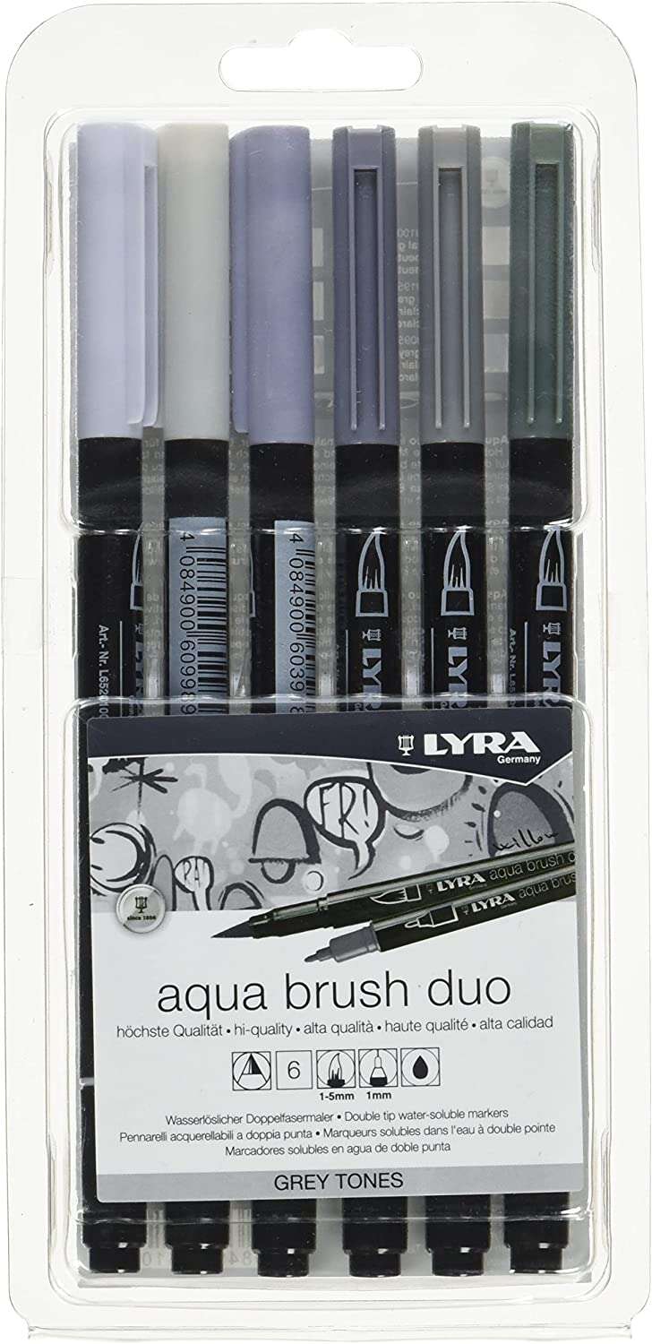 Lyra Aqua Brush Duo Pack 6 Rotuladores de Doble Punta - Trazos 1-5 y 1mm - Tinta Base de Agua - Colores Tonos Grises