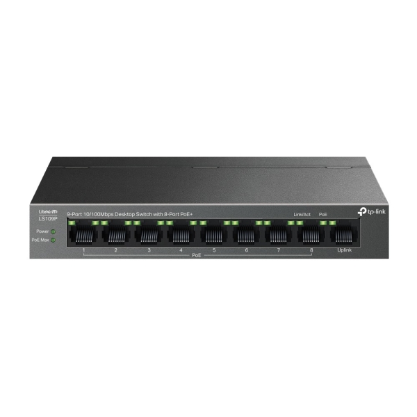 TP-Link LS109P LiteWave Switch con 9 Puertos RJ45 100Mbps - No Administrado - 8xPoE+ - Plug and Play - Recuperacion Automatica - Carcasa Metalica - Color Negro