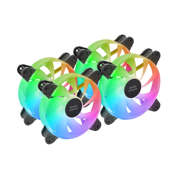 Mars Gaming MF-4A Pack de 4 Ventiladores de 120mm - 1000rpm - Iluminacion ARGB sin Marco - FDB - Silencioso 14dB - Tornillos Incluidos - Rodamientos Hidraulicos - Color Negro