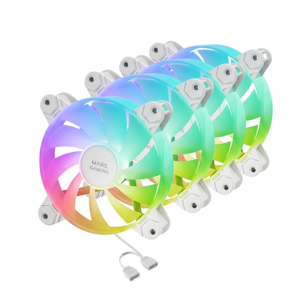 Mars Gaming MF-4A Pack de 4 Ventiladores de 120mm - 1000rpm - Iluminacion ARGB sin Marco - FDB - Silencioso 14dB - Tornillos Incluidos - Rodamientos Hidraulicos - Color Blanco