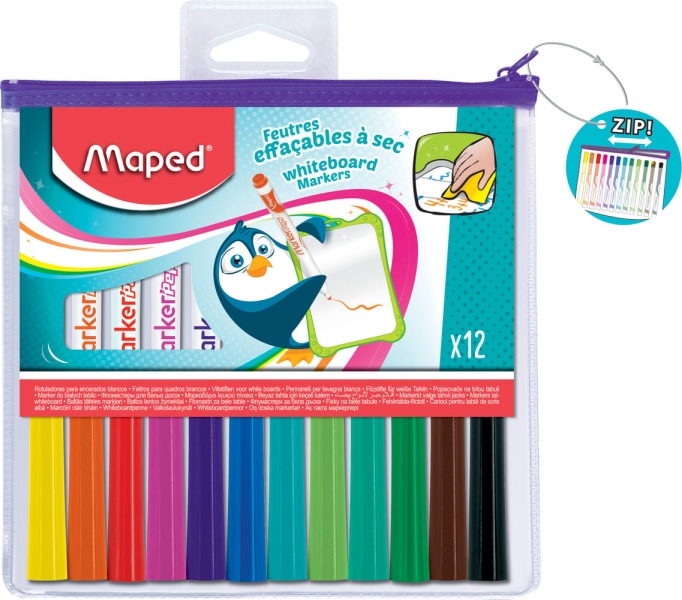 Maped Marker\'Peps Pack de 12 Rotuladores para Pizarra Blanca - Punta de Bala 1.5mm - Borrado en Seco - Practica Bolsa con Cremallera - Colores Surtidos