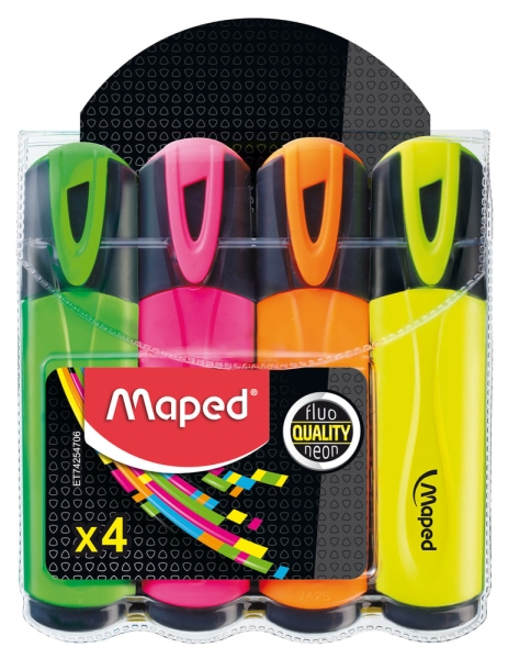 Maped Peps Classic Pack de 4 Marcadores Fluorescentes - Punta Biselada - Trazo de 1 a 5mm - Ideal para Subrayar y Resaltar - Colores Surtidos