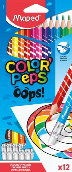 Maped Color´Peps Oops Pack de 12 Lapices de Colores Borrables - Mina 2.9mm - Con Goma de Borrar - Sin Madera - Colores Surtidos