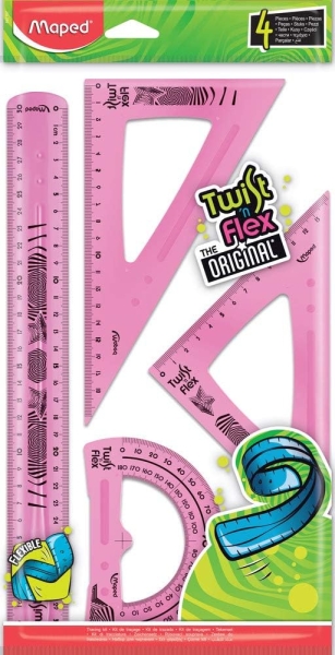 Maped Twist´n Flex Pack de Reglas Flexibles - Regla 30cm, Escuadra 45º/21cm, Cartabon 60º/21cm, Transportador 180º/12cm - Colores Surtidos Aleatorios