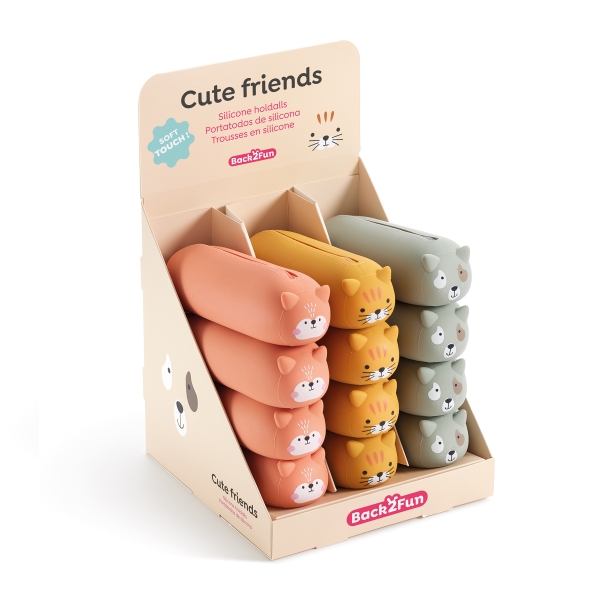 Miquel Rius Back2Fun Animales Cute Expositor con 12 Portatodos de Silicona - 4 de cada Modelo de Animal - Cierre con Cremallera