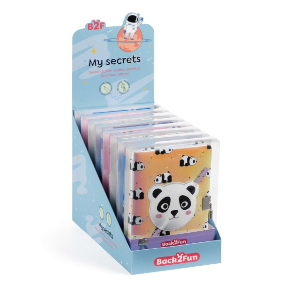 Miquel Rius Back2Fun Expositor con 9 Diarios Secretos Holograficos - 3 de cada Modelo Unicornio, Astronauta y Panda - Cierre con Candado - Lapiz Incluido