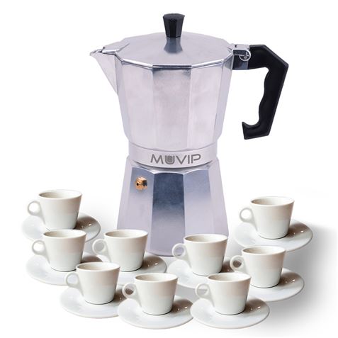Muvip MV0602 Cafetera de Aluminio - Capacidad 9 Tazas - Mango Ergonomico - Antiadherente - Apta para Placas Electricas, Vitroceramicas y Gas - Color Aluminio