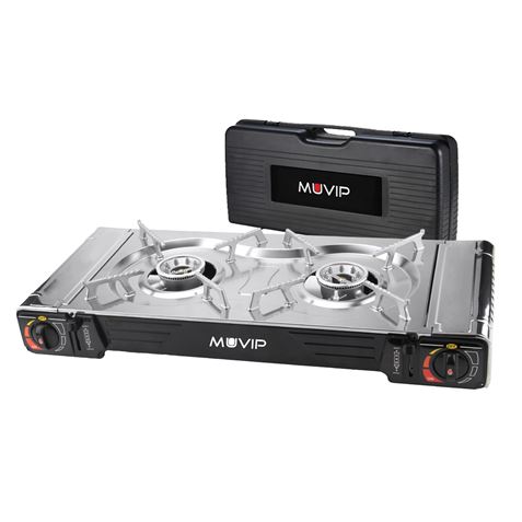 Muvip Cocina de Gas Portatil 2 Fuegos - Doble Bombona - Encendido Automatico - Quemador de Aluminio - Valvula de Doble Sellado - Proteccion Contra Sobretension - Maleta de Transporte Muvip Cocina de Gas Portatil 2 Fuegos - Doble Bombona - Encendido Automatico - Quemador de Aluminio - Valvula de Doble Sellado - Proteccion Contra Sobretension - Maleta de Transporte