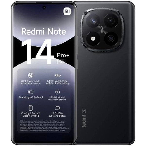 Xiaomi Redmi Note 14 Pro Plus 5G Smartphone Pantalla AMOLED 6.67\" - 8GB - 256GB - Camara Principal 200MP - Bateria 5110mAh - Carga Rapida 120W - Color Negro