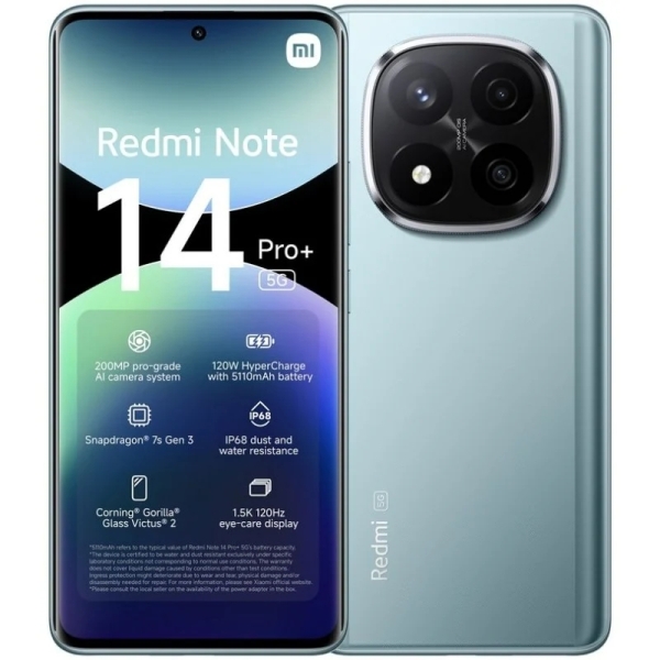 Xiaomi Redmi Note 14 Pro Plus 5G Smartphone Pantalla AMOLED 6.67\" - 12GB - 512GB - Camara Principal 200MP - Bateria 5110mAh - Carga Rapida 120W - Color Azul Hielo