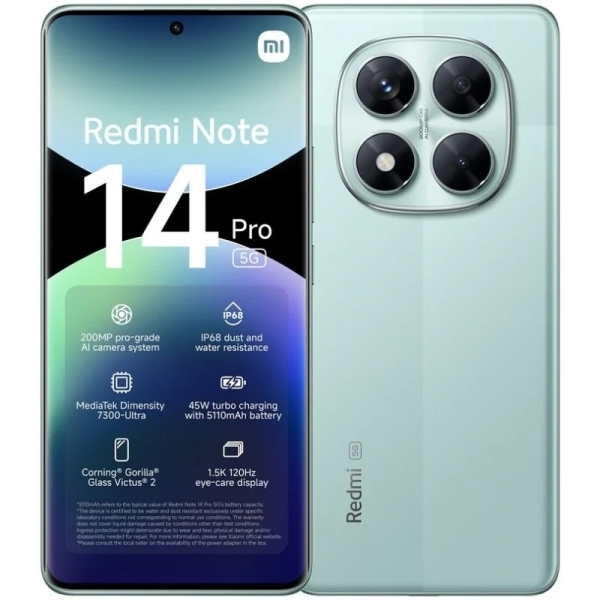 Xiaomi Redmi Note 14 Pro 5G Smartphone Pantalla AMOLED 6.67\" - 8GB - 256GB - Camara Principal 200MP - Bateria 5110mAh - HyperCharge 45W - Color Verde Coral
