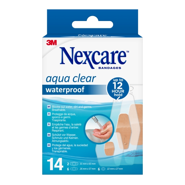 Nexcare Aqua Clear Waterproof Pack de 14 Apositos Surtidos - Impermeables - Color Transparente