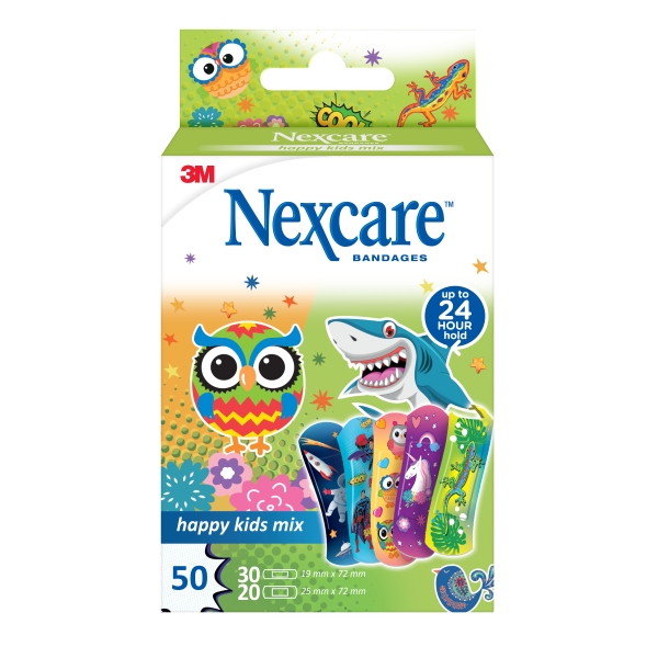 Nexcare Happy Kids Mix Pack de 50 Apositos Surtidos - Transpirables - para Pieles Delicadas - Color Estampado Infantil