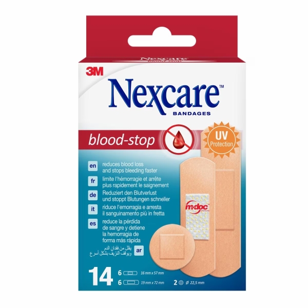 Nexcare Blood-Stop Pack de 14 Apositos Surtidos - Resistente al Agua - Mayor Rapidez Deteniendo Hemorragias - Color Piel