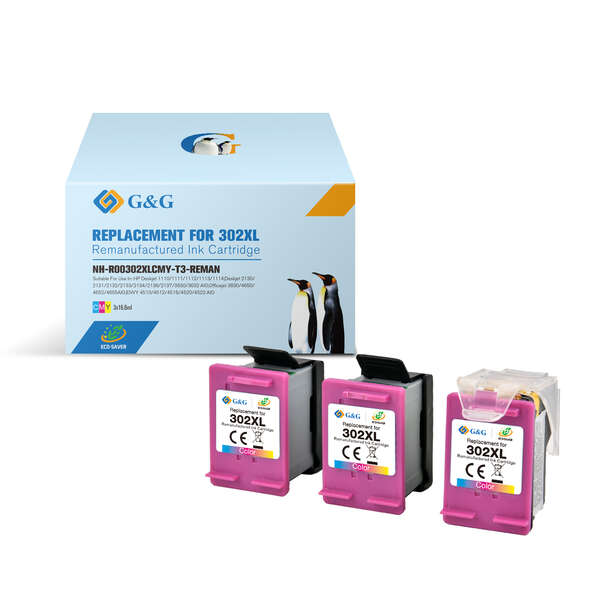 G&G HP 302XL Color Pack de 3 Cartuchos de Tinta Remanufacturados - Eco Saver - Muestra Nivel de Tinta - Reemplaza F6U67AE/F6U65AE/B7RT9AE/B7RT6AE