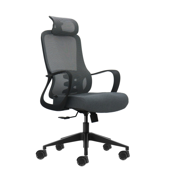 Oqonos Cherg 005 Silla de Oficina Ergonomica con Reposacabezas Cervical Ajustable, Respaldo de Malla Transpirable, Piston de Gas Clase 4, Soporte Lumbar, Reposabrazos Fijos, Asiento Ergonomico Moldeado y Ruedas de Silicona - Gris con Estructura Negra