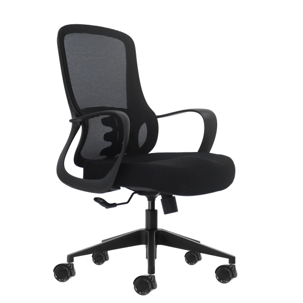 Oqonos Cherg 006 Silla de Oficina Ergonomica con Respaldo de Malla Transpirable, Piston de Gas Clase 4, Soporte Lumbar, Reposabrazos Fijos, Asiento Ergonomico Moldeado y Ruedas de Silicona - Negro