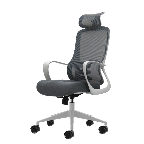 Oqonos Cherg 008 Silla de Oficina Ergonomica con Reposacabezas Cervical Ajustable, Respaldo de Malla Transpirable, Piston de Gas Clase 4, Soporte Lumbar, Reposabrazos Fijos, Asiento Ergonomico Moldeado y Ruedas de Silicona - Gris