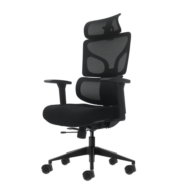 Oqonos Cherg 010 Silla de Oficina Ergonomica con Reposacabezas Cervical Ajustable, Respaldo y Asiento de Malla Elastica, Reposabrazos 4D, Asiento Deslizable Ergonomico Moldeado y Ruedas de Silicona - Negro