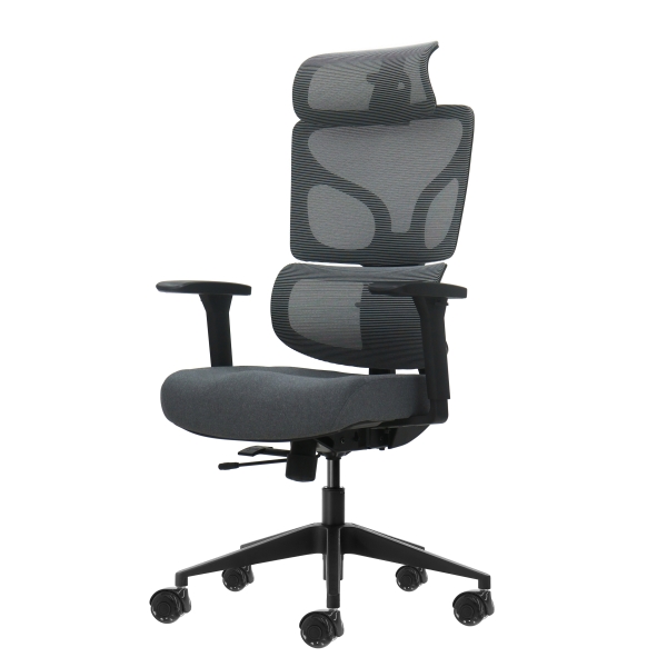 Oqonos Cherg 011 Silla de Oficina Ergonomica con Reposacabezas Cervical Ajustable, Respaldo y Asiento de Malla Elastica, Reposabrazos 4D, Asiento Deslizable Ergonomico Moldeado y Ruedas de Silicona - Gris con Estructura Negra