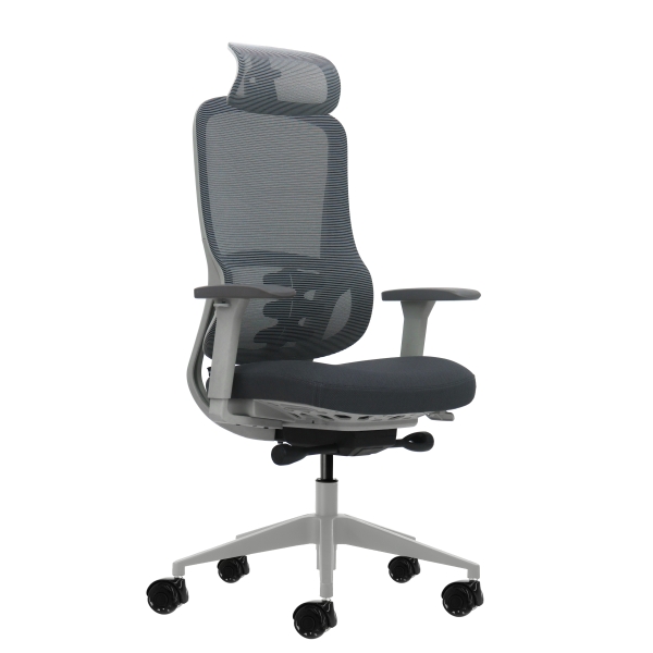 Oqonos Cherg 022 Silla de Oficina Ergonomica con Reposacabezas Cervical Ajustable, Mecanismo Autobalanceado, Reposabrazos 4D, Asiento Deslizable y Ruedas de Silicona - Gris