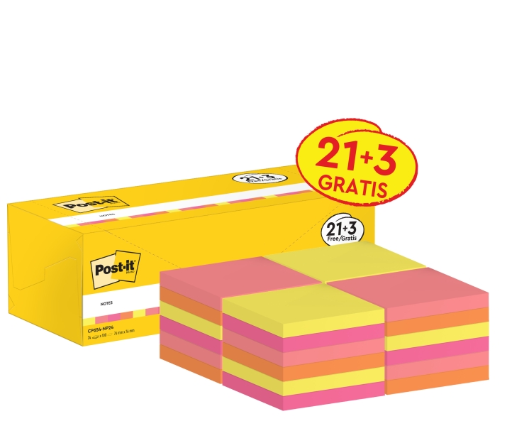 Post-It Pack de 24 Blocs de 100 Notas Adhesivas Reposicionables - Forma Cuadrada - 76x76mm - Colores Surtidos