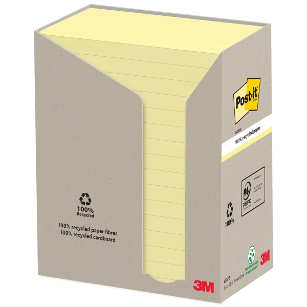 Post-It Pack de 16 Blocs de 100 Notas Adhesivas Recicladas - Forma Rectangular - 76x127mm - Color Amarillo Claro