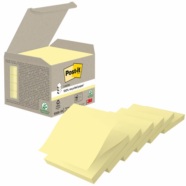 Post-It Pack de 6 Blocs de 100 Z-Notas Adhesivas Recicladas - Forma Cuadrada - 76x76mm - Color Amarillo Claro