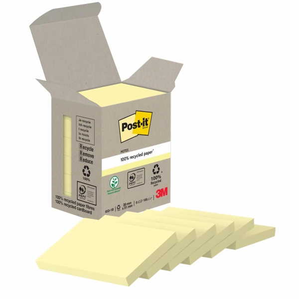 Post-It Pack de 6 Blocs de 100 Notas Adhesivas Recicladas - Forma Rectangular - 51x38mm - Color Amarillo Claro