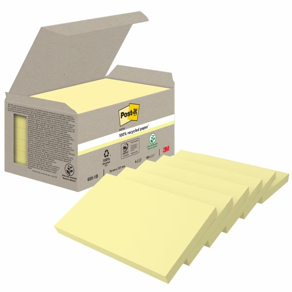 Post-It Pack de 6 Blocs de 100 Notas Adhesivas Recicladas - Forma Rectangular - 76x127mm - Color Amarillo Claro