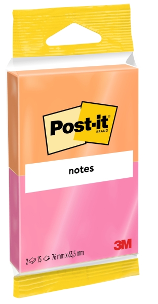 Post-It Pack de 2 Blocs de 75 Notas Adhesivas Reposicionables - Forma Rectangular - 76x63.5mm - Colores Surtidos