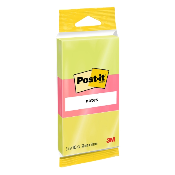 Post-It Pack de 3 Blocs de 100 Notas Adhesivas Reposicionables - Forma Rectangular - 38x51mm - Colores Surtidos