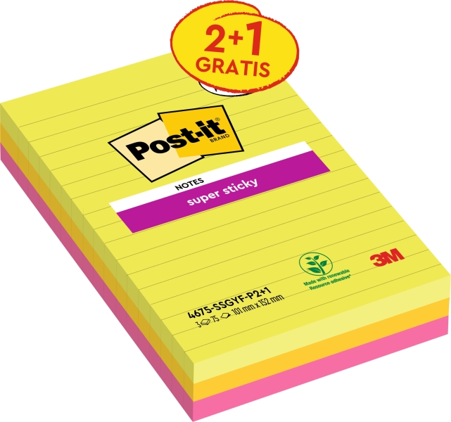 Post-It Super Sticky Pack de 3 Blocs de 75 Notas Adhesivas Reposicionables - Forma Rectangular - 101x152mm - Colores Surtidos