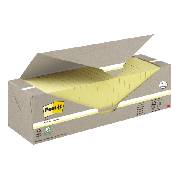 Post-It Pack de 24 Blocs de 100 Notas Adhesivas Recicladas - Forma Cuadrada - 76x76mm - Color Amarillo Claro