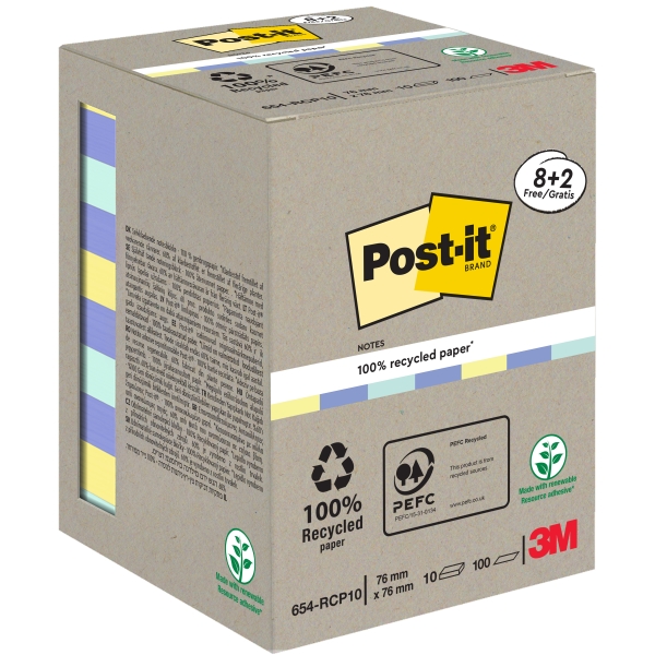 Post-It Pack de 10 Blocs de 100 Notas Adhesivas Recicladas - Forma Cuadrada - 76x76mm - Colores Surtidos