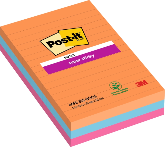 Post-It Super Sticky Pack de 3 Blocs de 90 Notas Adhesivas Reposicionables - Forma Rectangular - 101x101mm - Colores Surtidos