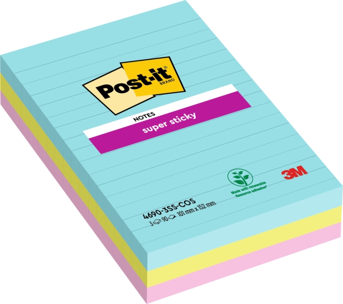 Post-It Super Sticky Pack de 3 Blocs de 90 Notas Adhesivas Reposicionables - Forma Rectangular - 101x152mm - Colores Surtidos