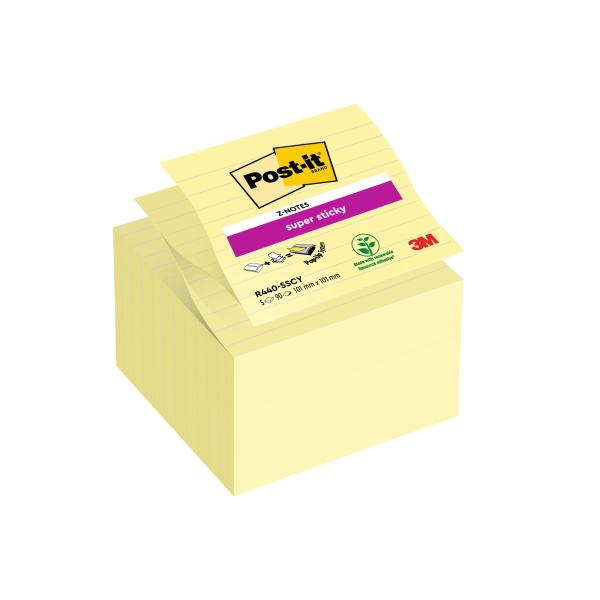 Post-It Super Sticky Pack de 5 Blocs de 90 Z-Notas Grandes Adhesivas Reposicionables Z-Notas Grandes - con Lineas - Color Amarillo Claro