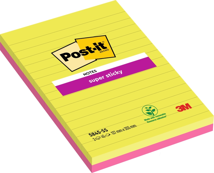 Post-It Super Sticky Pack de 2 Blocs de 45 Notas Adhesivas Reposicionables - Forma Rectangular - 203x127mm - Colores Surtidos