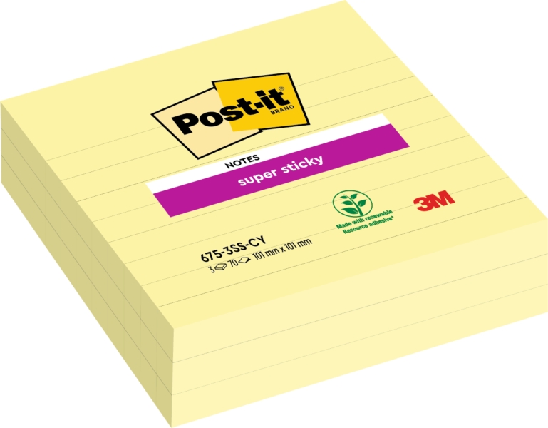 Post-It Super Sticky Pack de 3 Blocs de 70 Notas Grandes Adhesivas Reposicionables - 101x101mm - Color Amarillo Claro