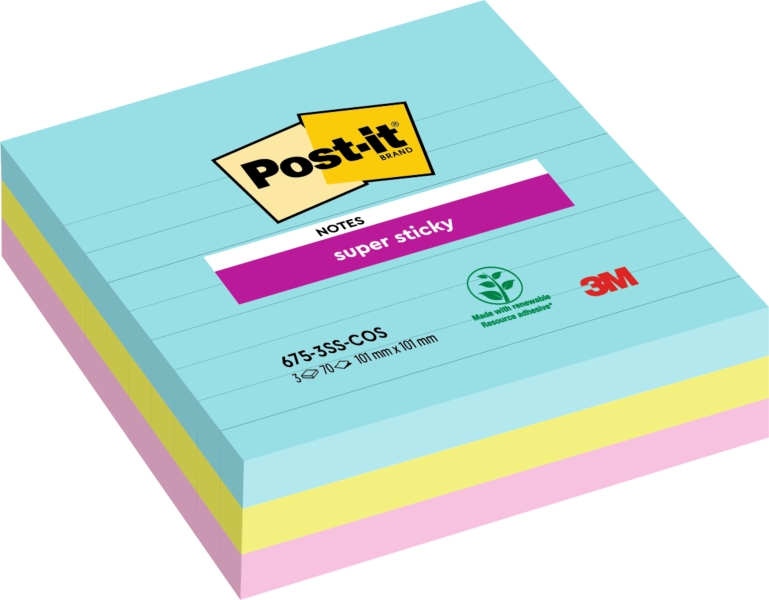 Post-It Super Sticky Pack de 3 Blocs de 70 Notas Adhesivas Reposicionables - Forma Cuadrada - 101x101mm - Colores Surtidos