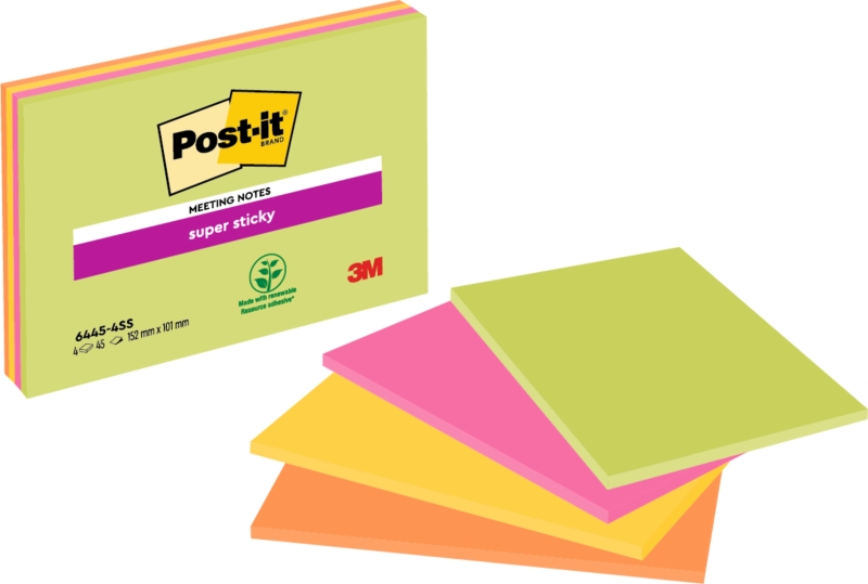 Post-It Super Sticky Pack de 4 Blocs de 45 Notas Adhesivas Reposicionables - Forma Rectangular - 101x152mm - Colores Surtidos
