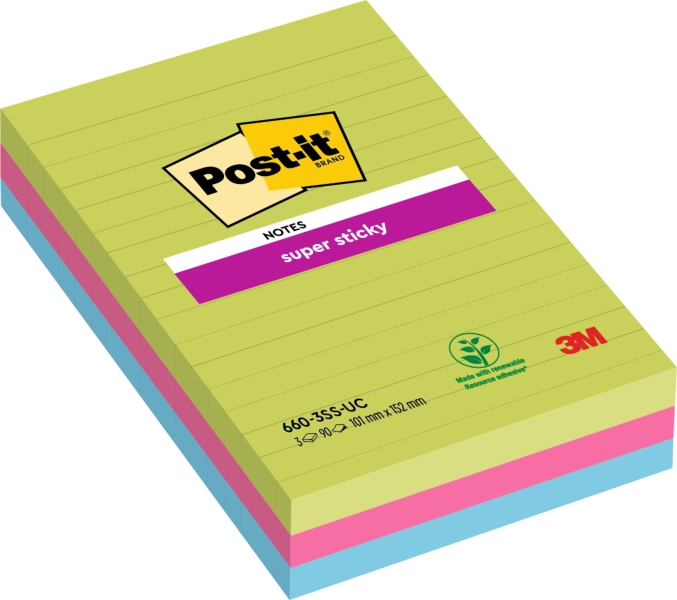 Post-It Super Sticky Pack de 3 Blocs de 90 Notas Grandes Adhesivas Reposicionables - con Lineas - 100% PEFC - Colores Surtidos