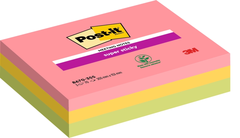 Post-It Super Sticky Pack de 3 Blocs de 70 Notas para Reuniones Adhesivas Reposicionables - 203x153mm - Colores Surtidos